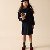 Sweet Campaign Denim Collar Ruffle Sweatshirt-Navy