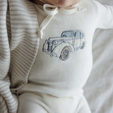 Stitched graphic velour footie-cream/blue