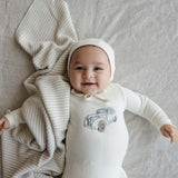 Stitched graphic velour footie set-cream/pink