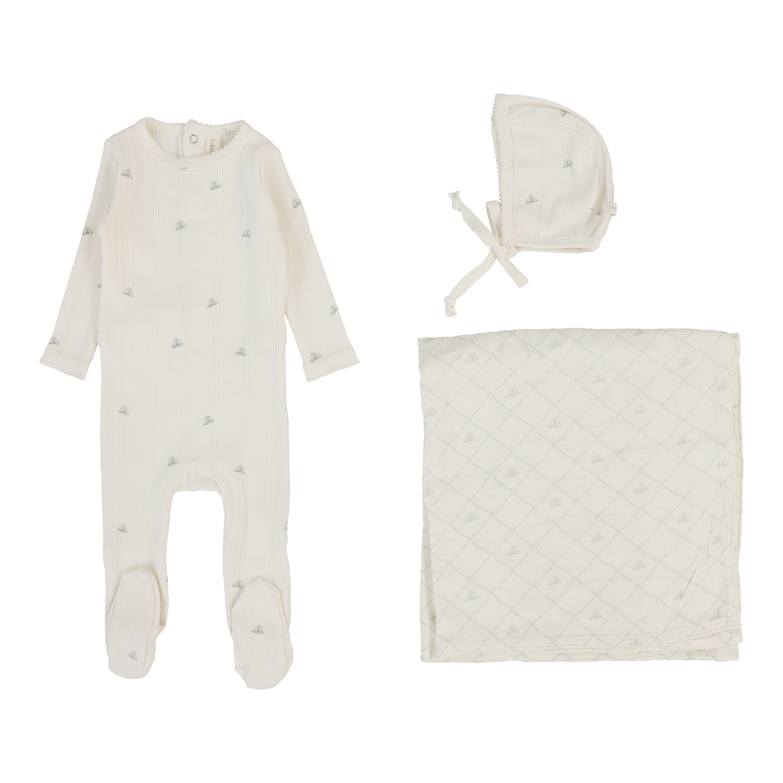 Printed Pointelle Layette Set - Cream/Blue Crown