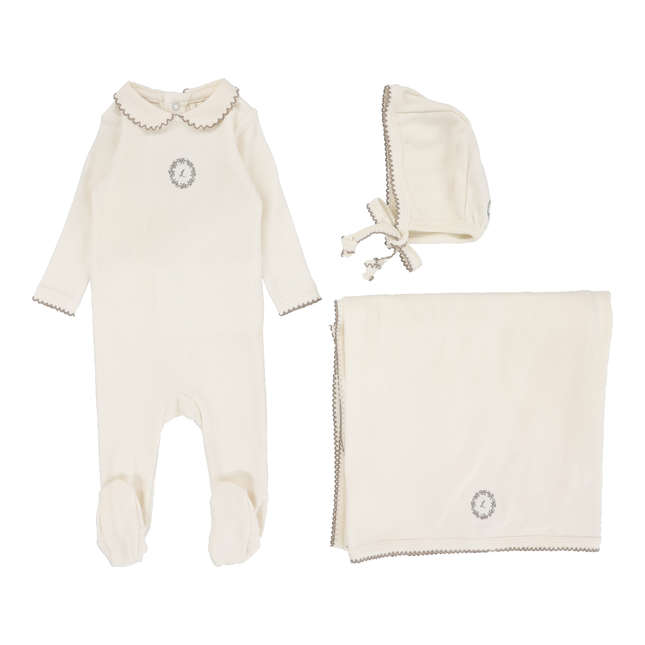 Emblem Embroidered Layette Set - Cream/Oat