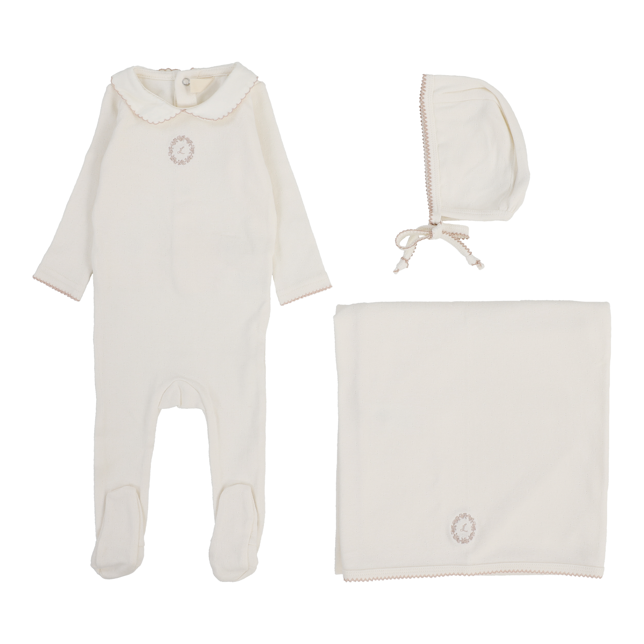 Emblem Embroidered Layette Set - Cream/Pink