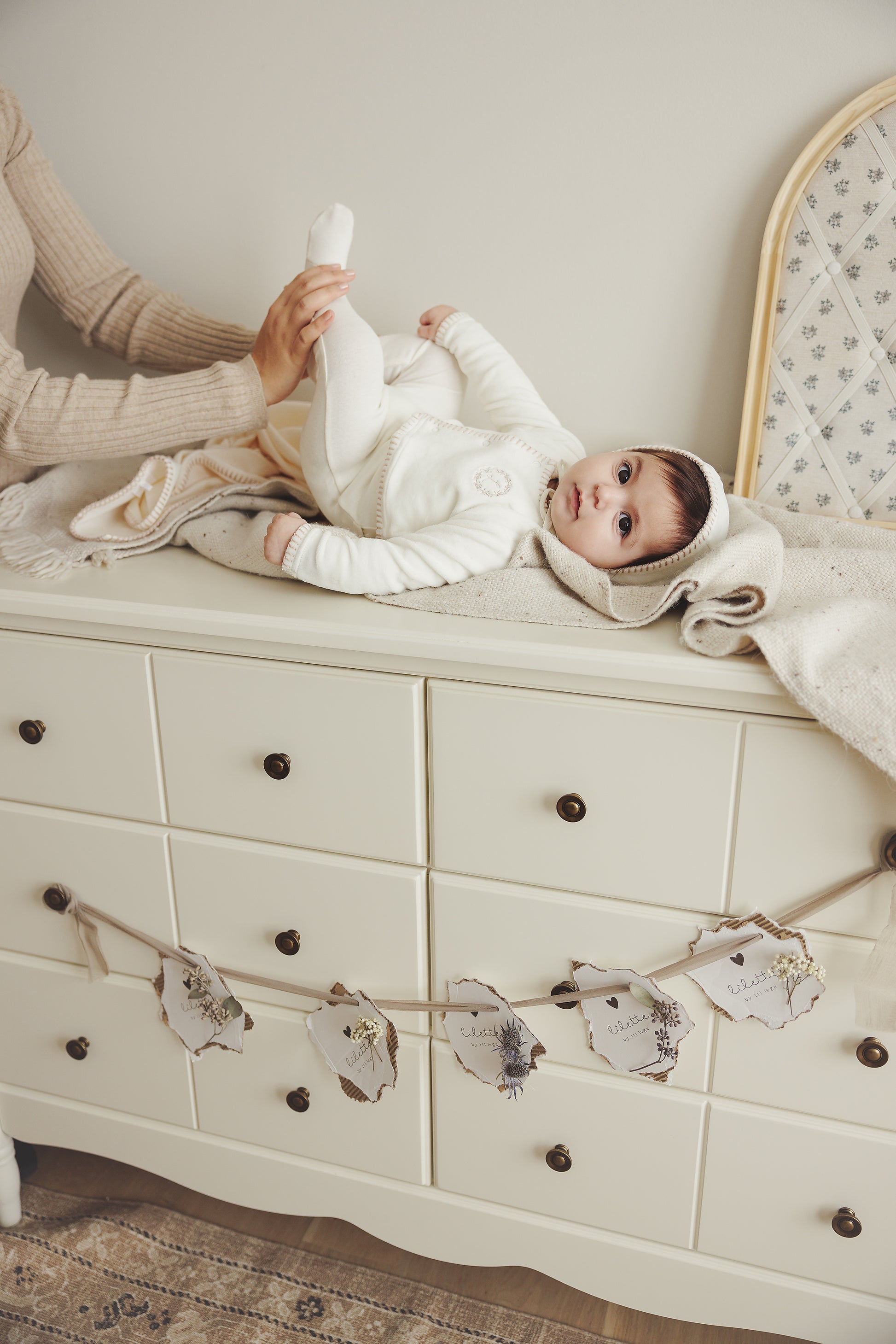 Velour Cardi Set- Cream-Pink