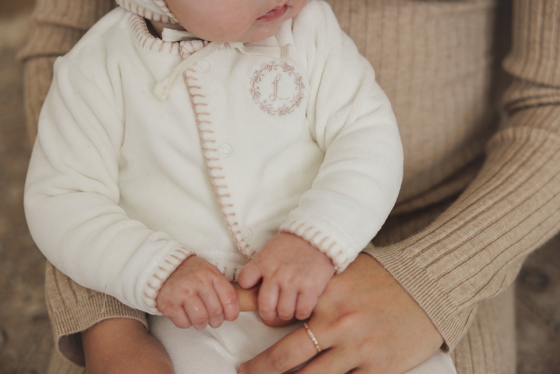 Velour Cardi Set- Cream-Pink
