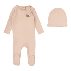Bear Applique Footie Set - Dusty Pink