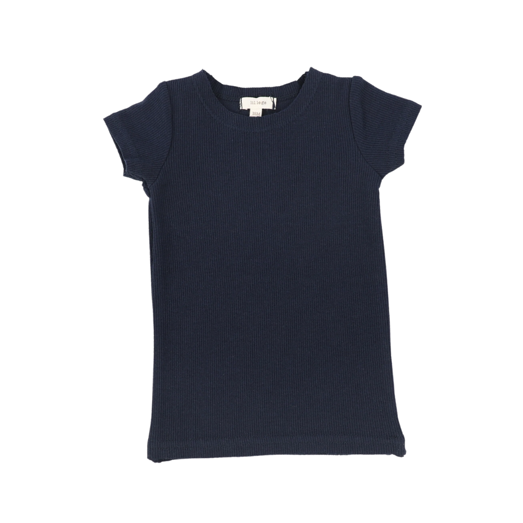 Basic Ribbed Short Sleeve Tee - Navy