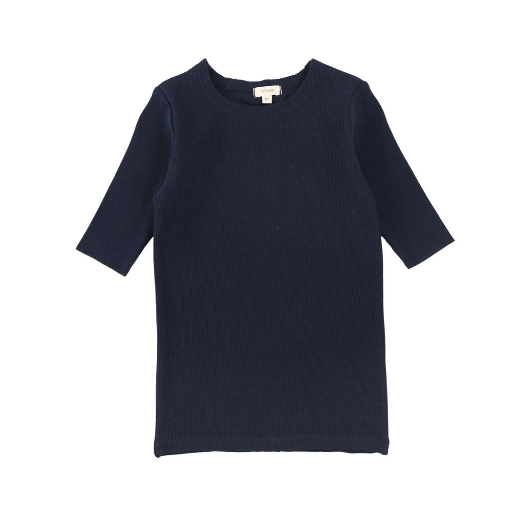 Basic Ribbed Three Quarter Sleeve Tee - Navy