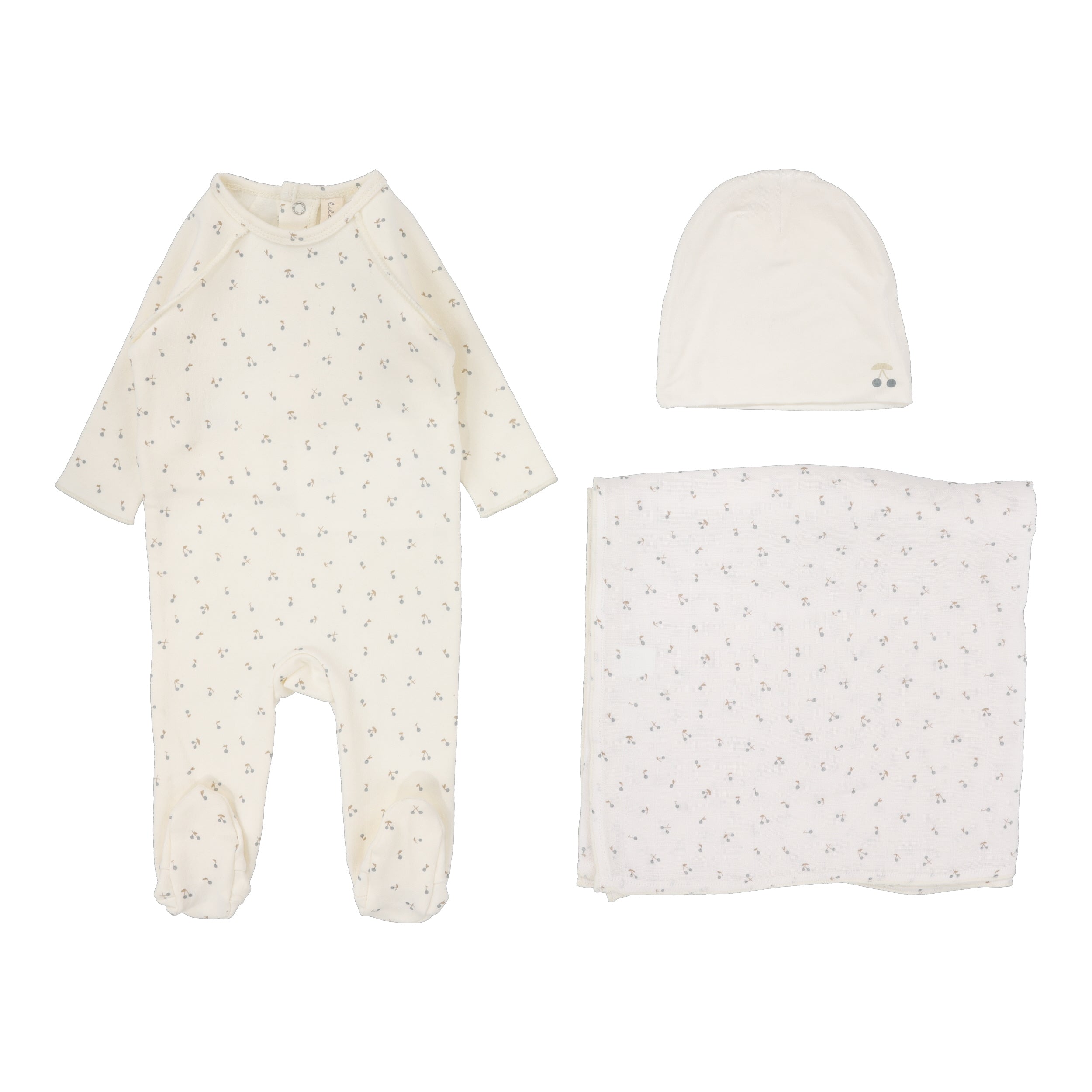 Cherry Print Layette Set - Cream/Blue