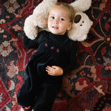 Velour Smocked Romper-Black