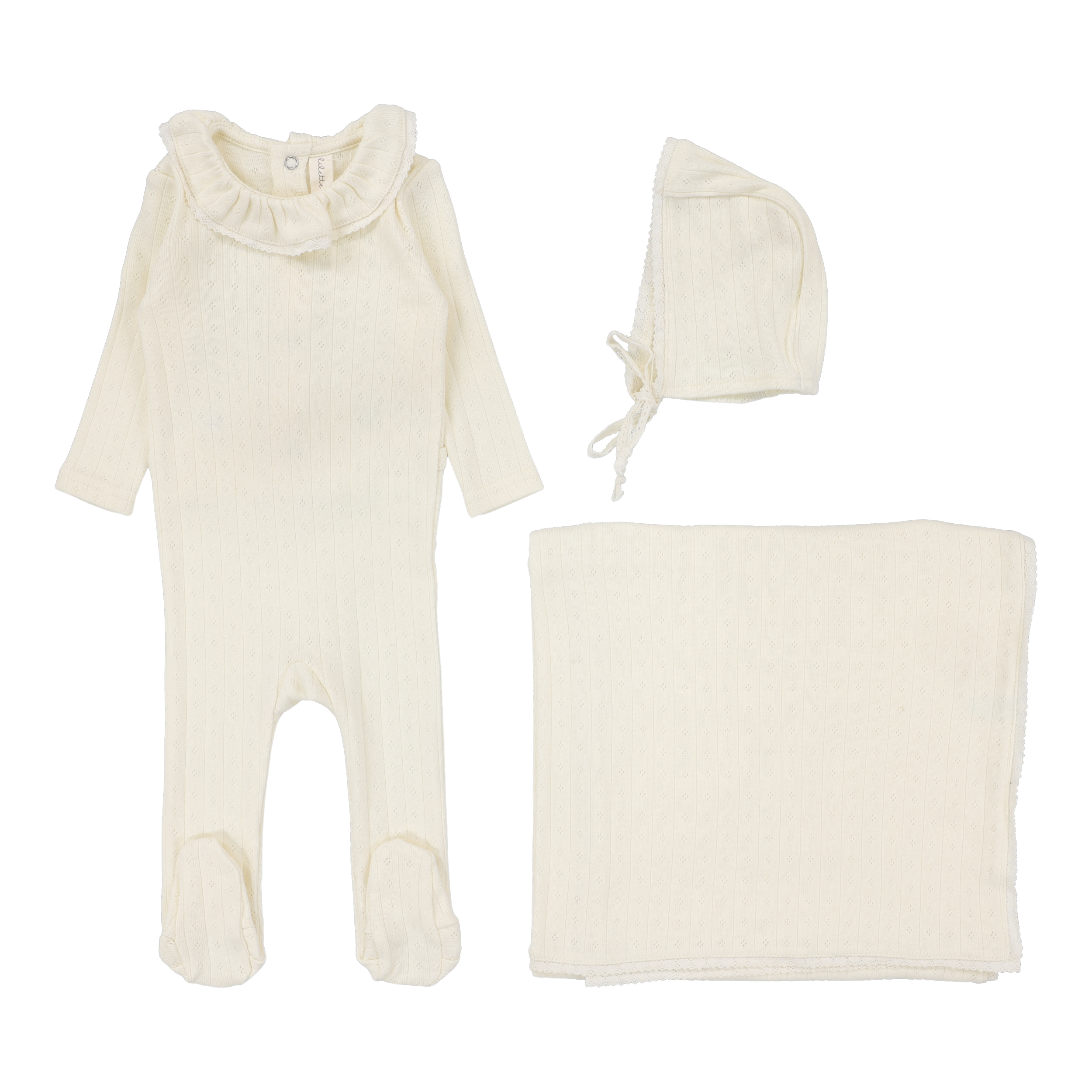 Fine Pointelle Collar Layette Set - Cream Ruffle