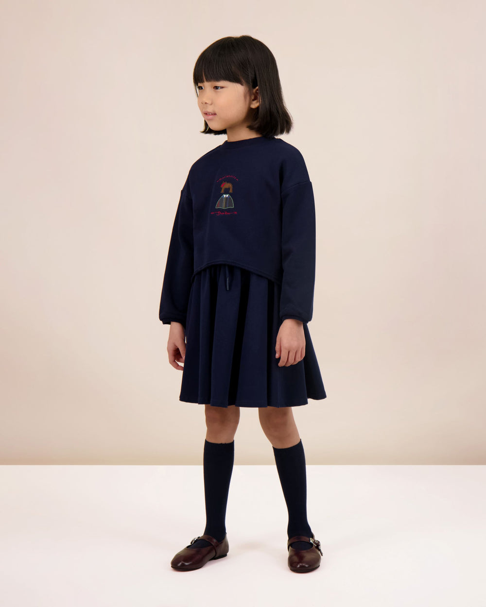 Plaid Detail Girls Sweatshirt-Navy