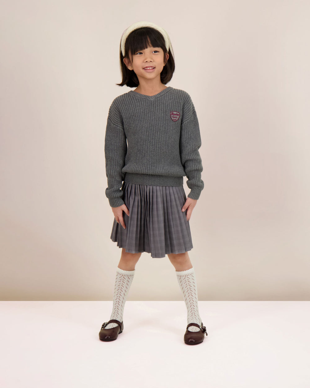 Knit V-Neck Sweater-Mid Grey