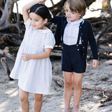 Linen Suspender Shorts-Navy