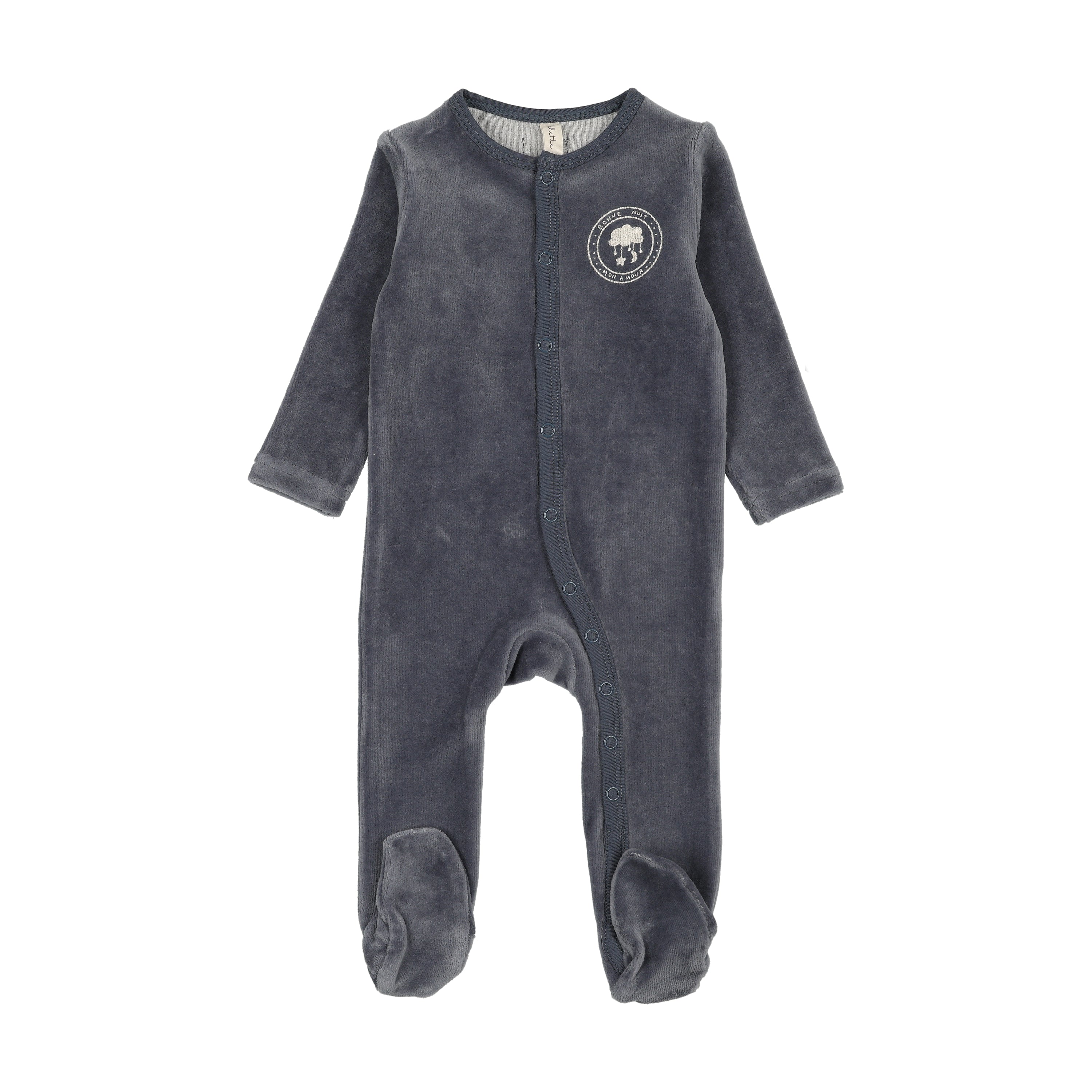Velour snap down footie-off navy
