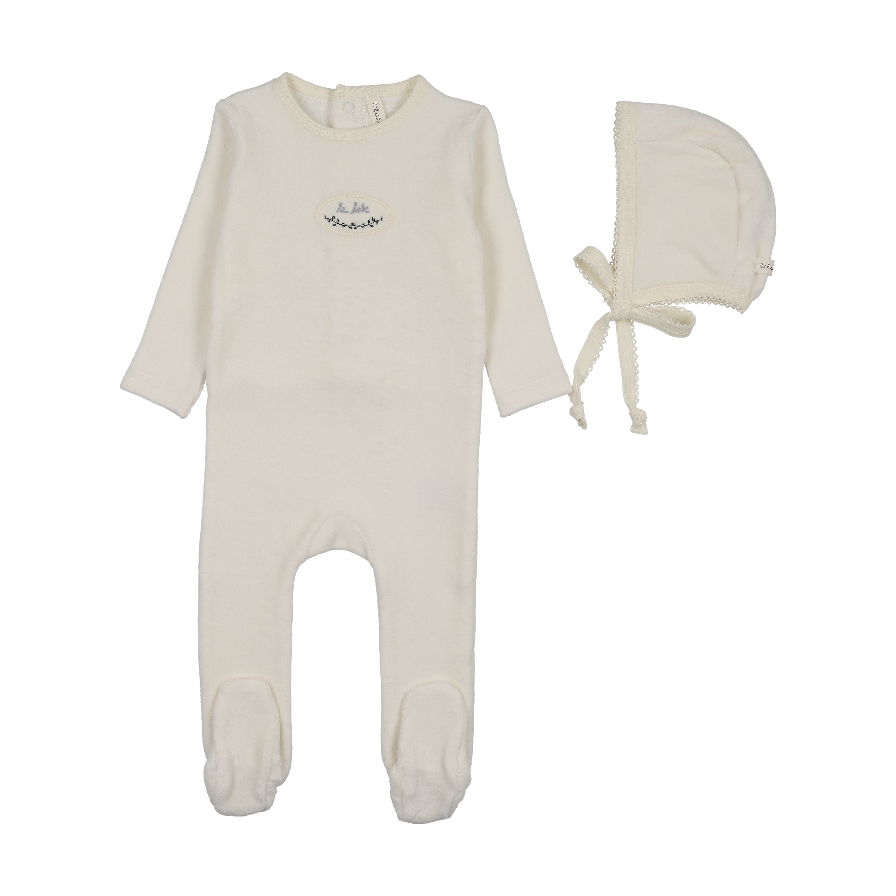 Velour patch footies set-cream/blue