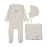 Velour patch layette set-cream/blue