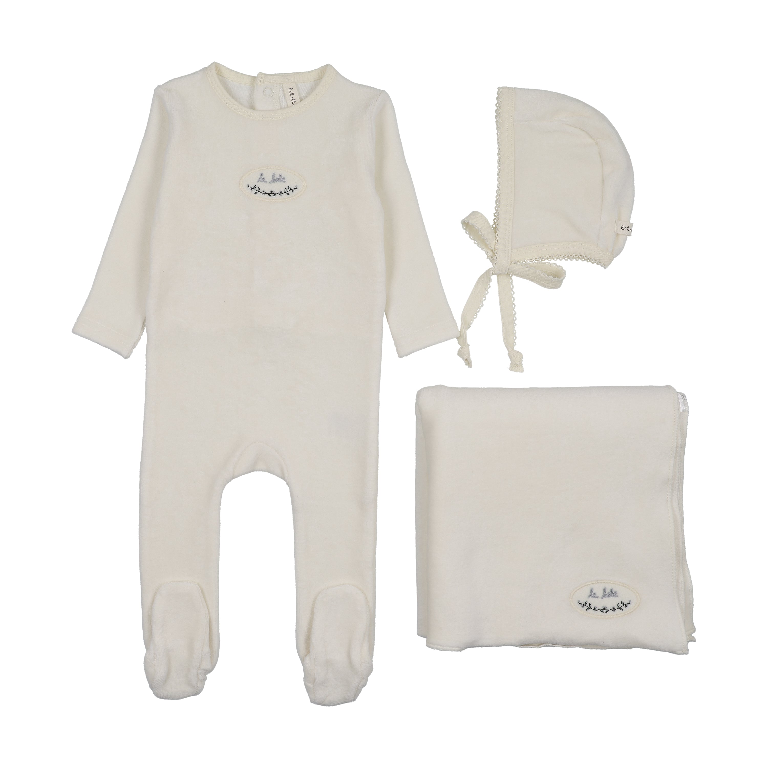 Velour patch layette set-cream/blue