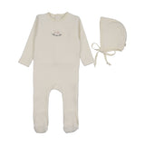Velour patch footies set-cream/pink