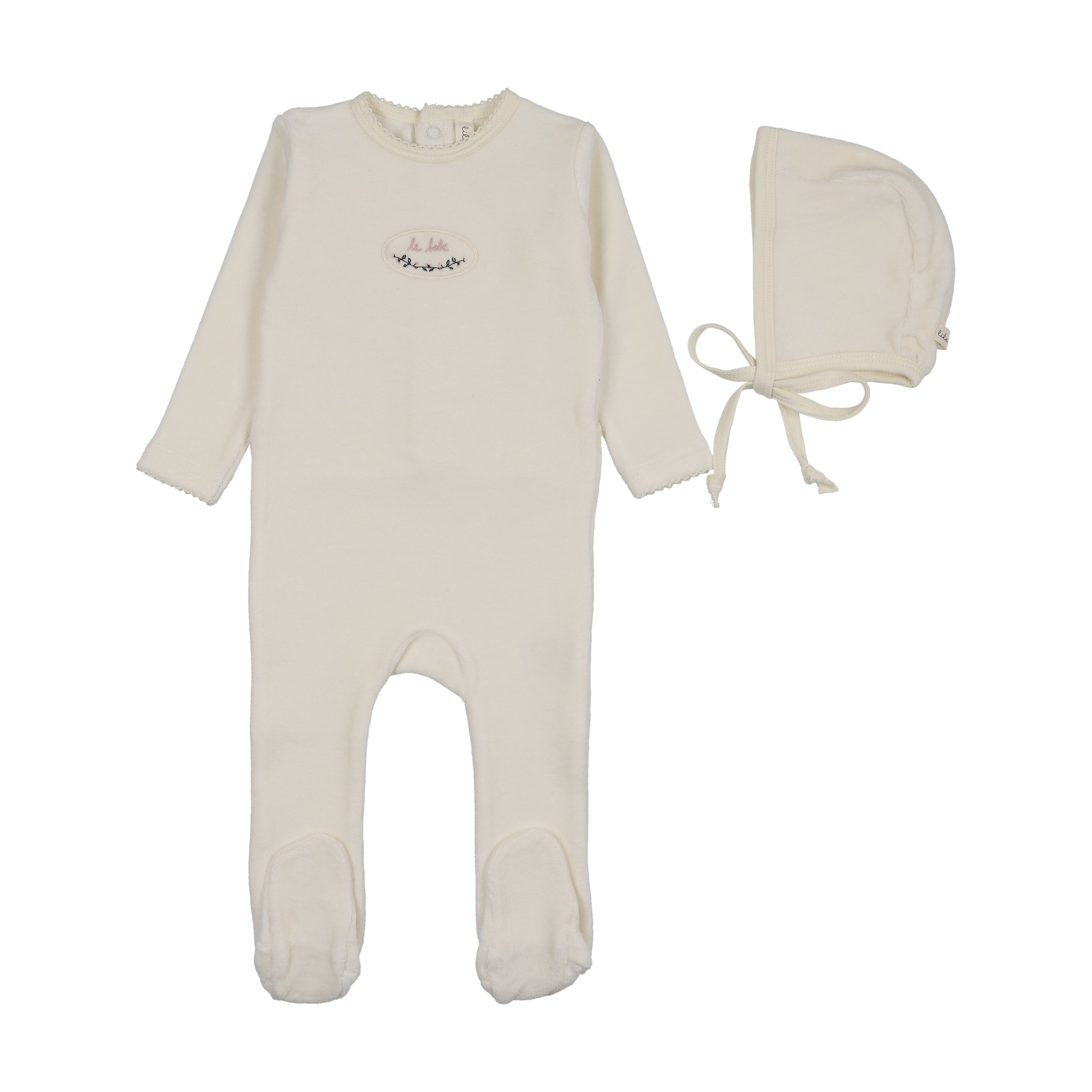 Velour patch footies set-cream/pink