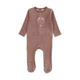 Stitched graphic velour footie-mauve