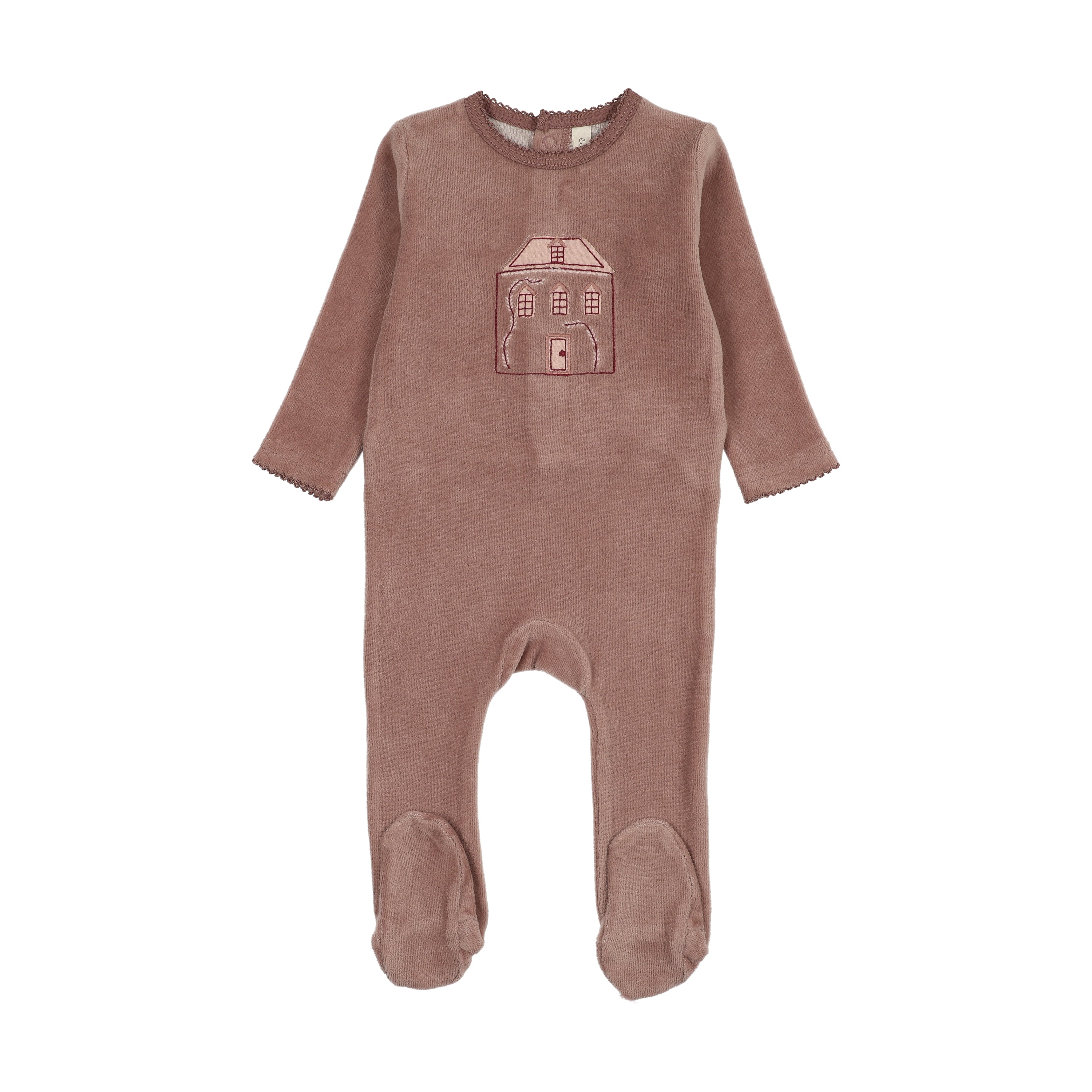 Stitched graphic velour footie-mauve
