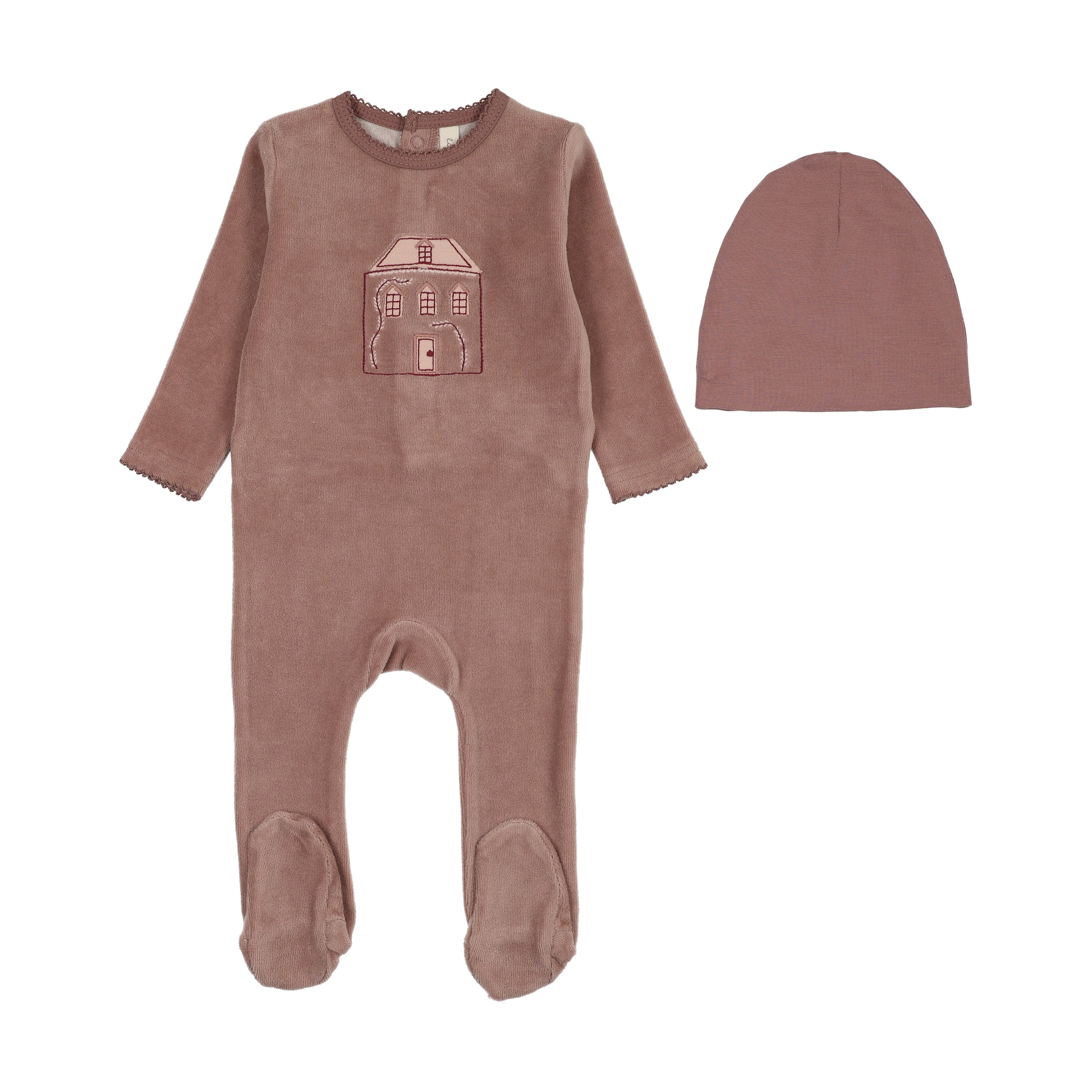 Stitched graphic velour footie set-mauve