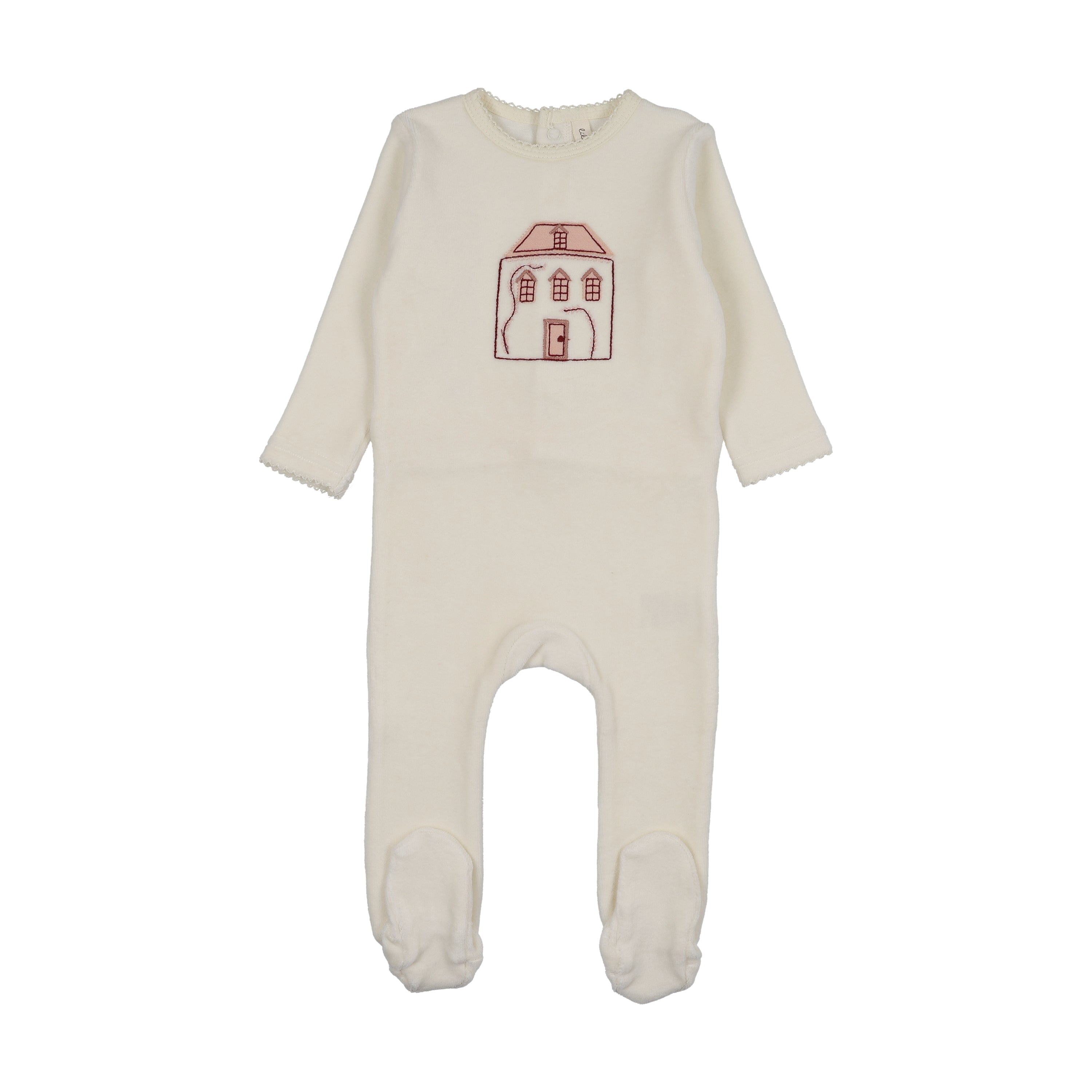 Stitched graphic velour footie-cream/pink