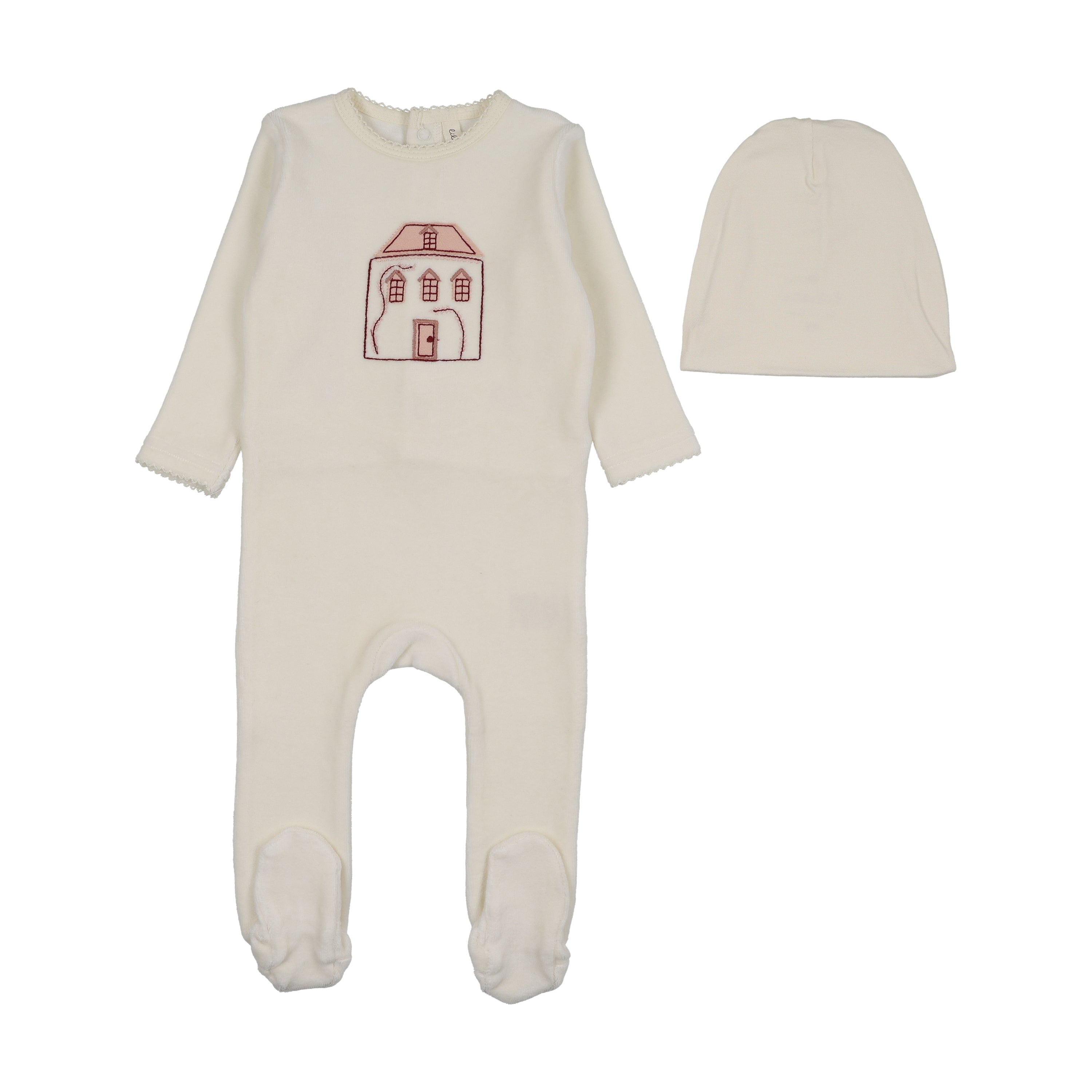 Stitched graphic velour footie set-cream/pink