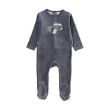 Stitched graphic velour footie-off navy