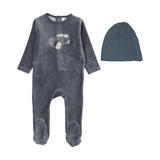 Stitched graphic velour footie set-off navy