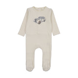 Stitched graphic velour footie-cream/blue