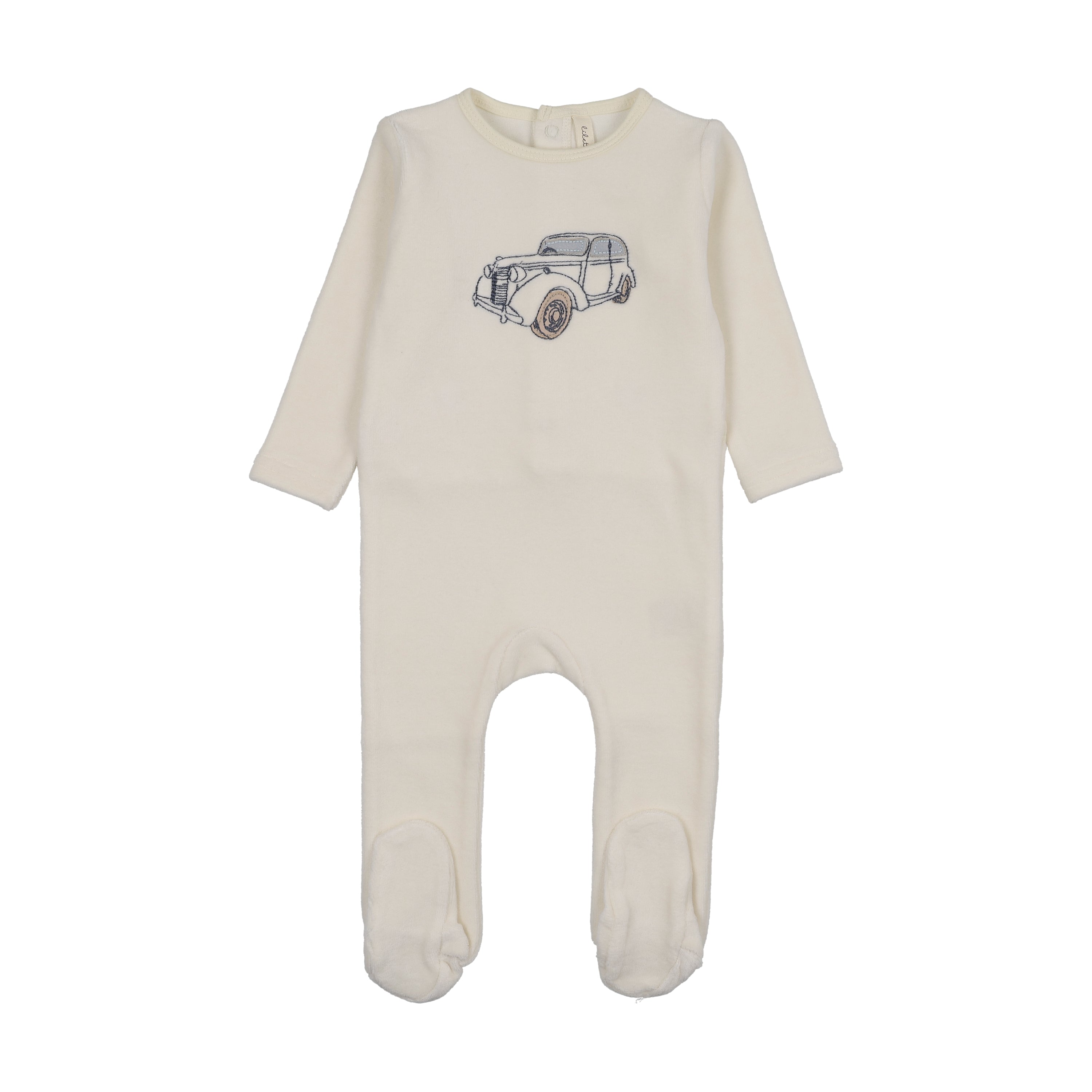 Stitched graphic velour footie-cream/blue