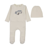 Stitched graphic velour footie set-cream/blue