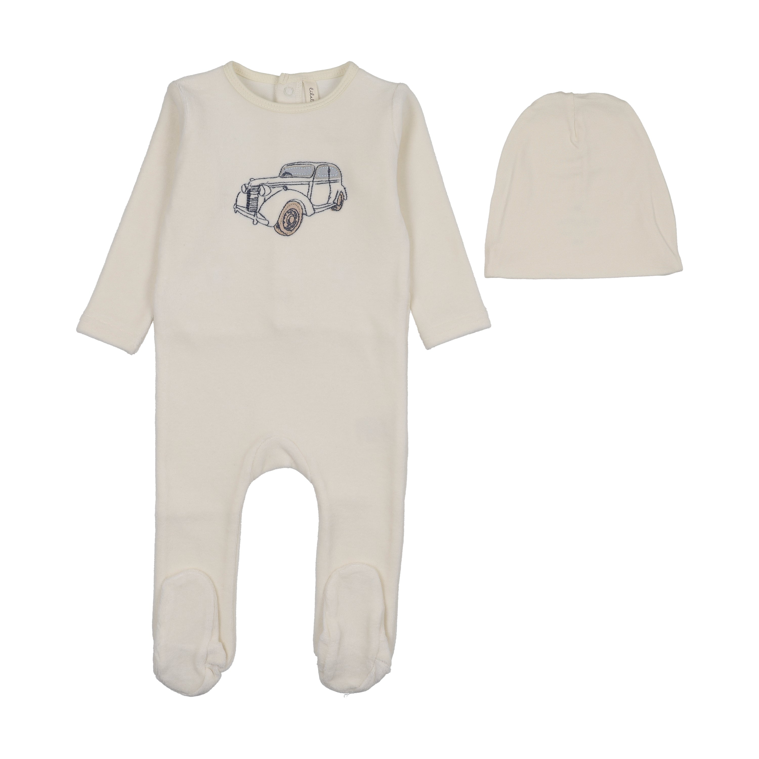 Stitched graphic velour footie set-cream/blue