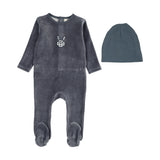 Velour gingham bunny footie set-off navy