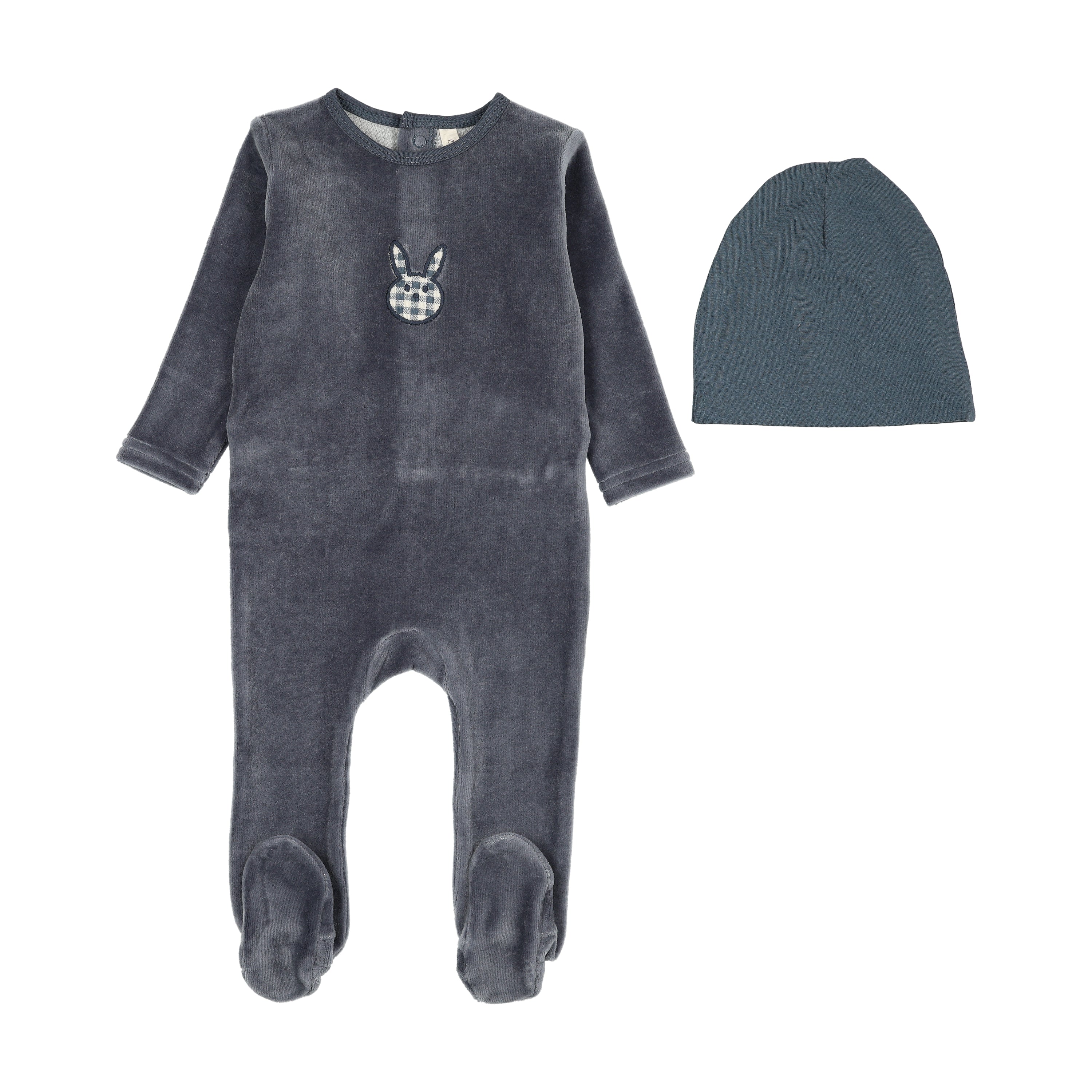 Velour gingham bunny footie set-off navy