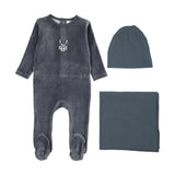 Velour gingham bunny  layette set-off navy