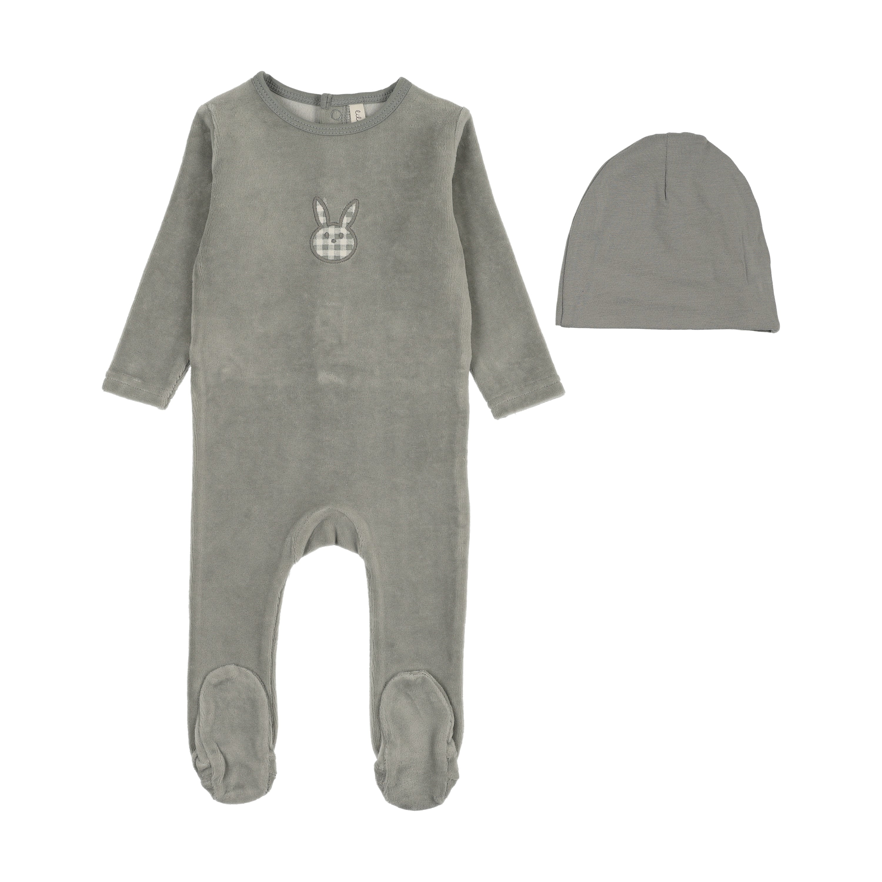 Velour gingham bunny footie set-pale blue