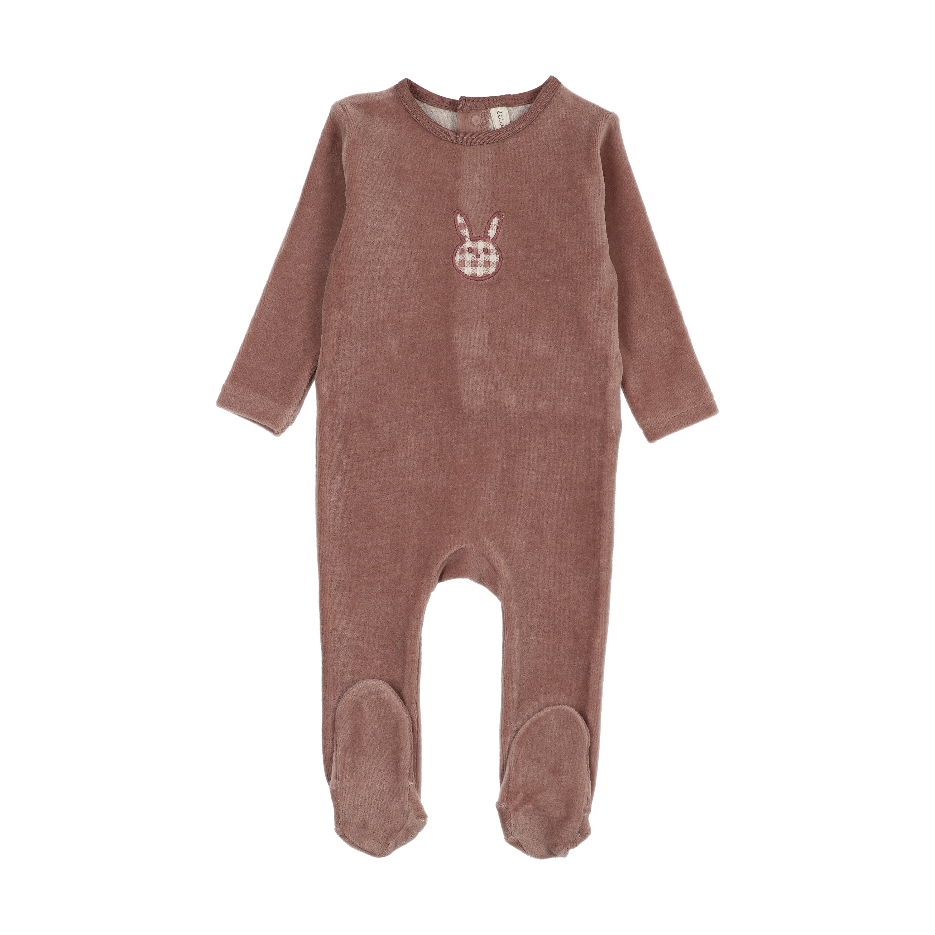 Velour gingham bunny footie-mauve