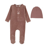 Velour gingham bunny footie set-mauve