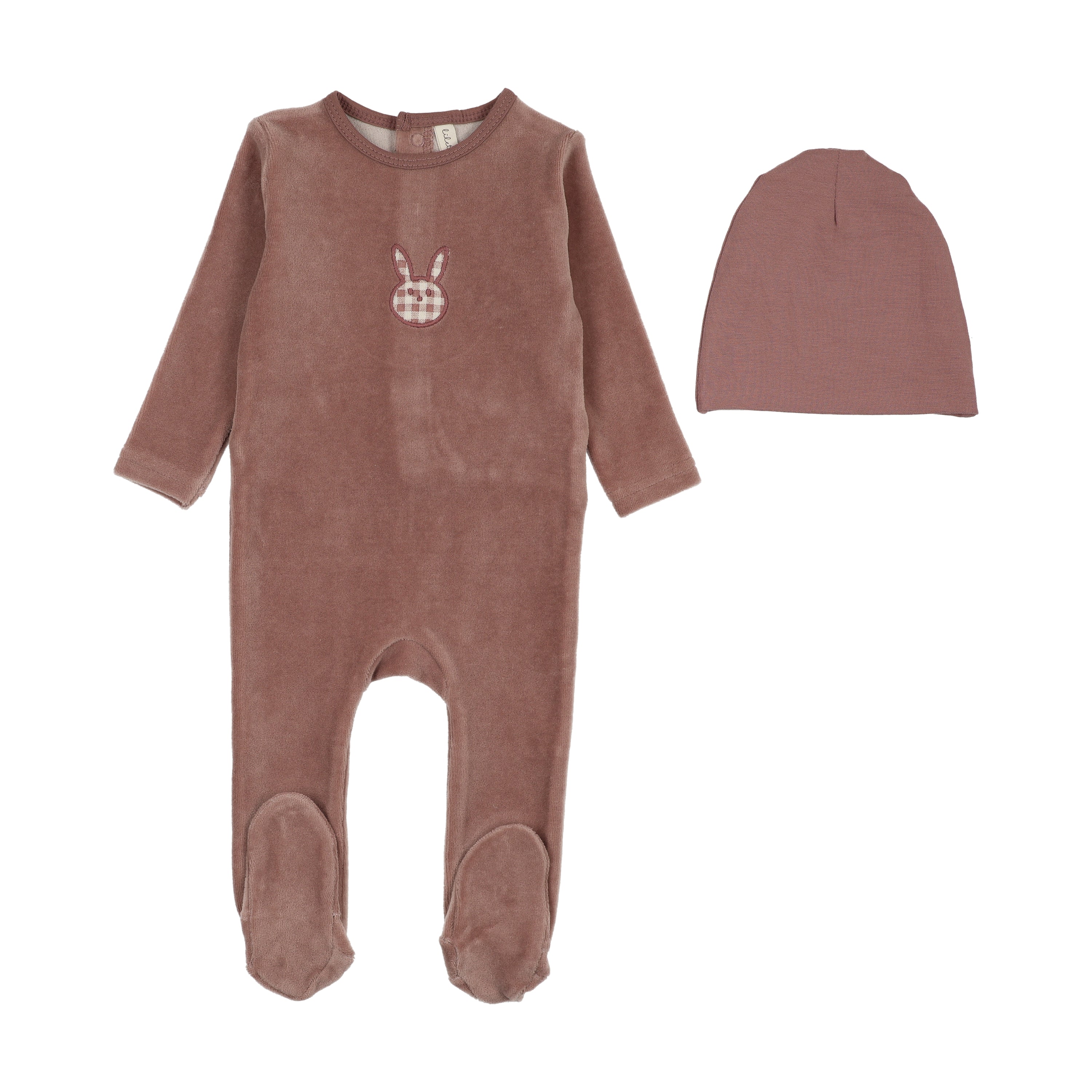 Velour gingham bunny footie set-mauve