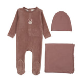 Velour gingham bunny  layette set-mauve