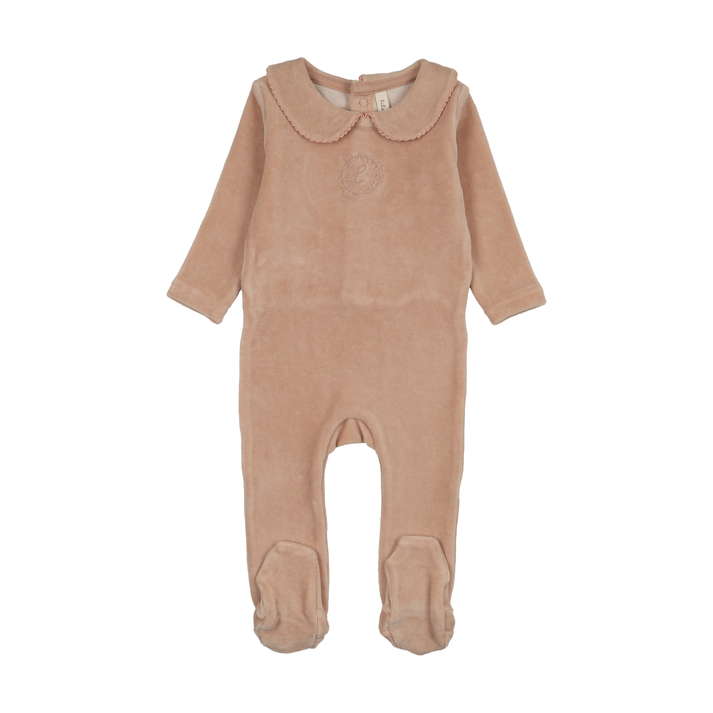 Velour crest emblem footie-dusty pink