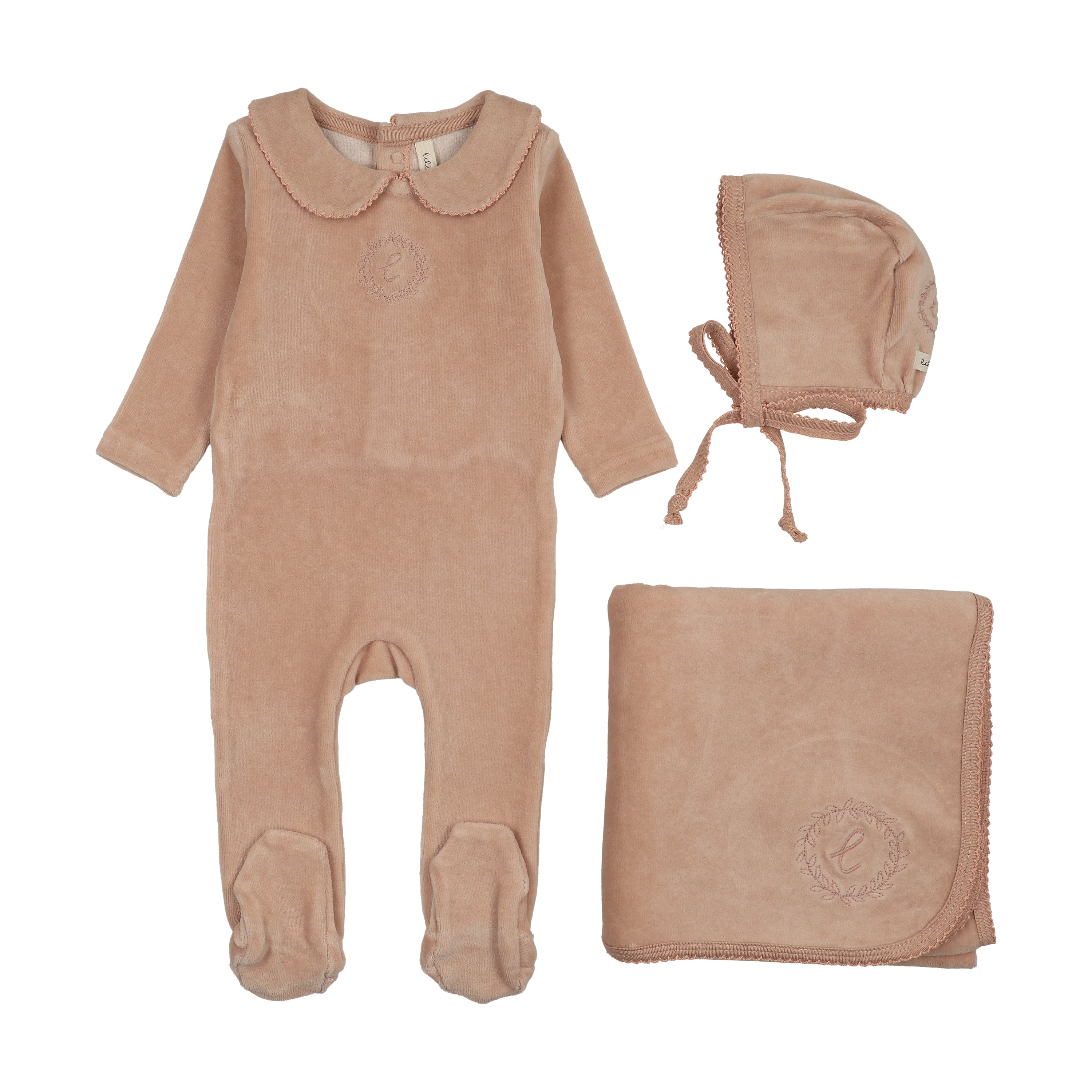 Velour crest emblem layette set-dusty pink