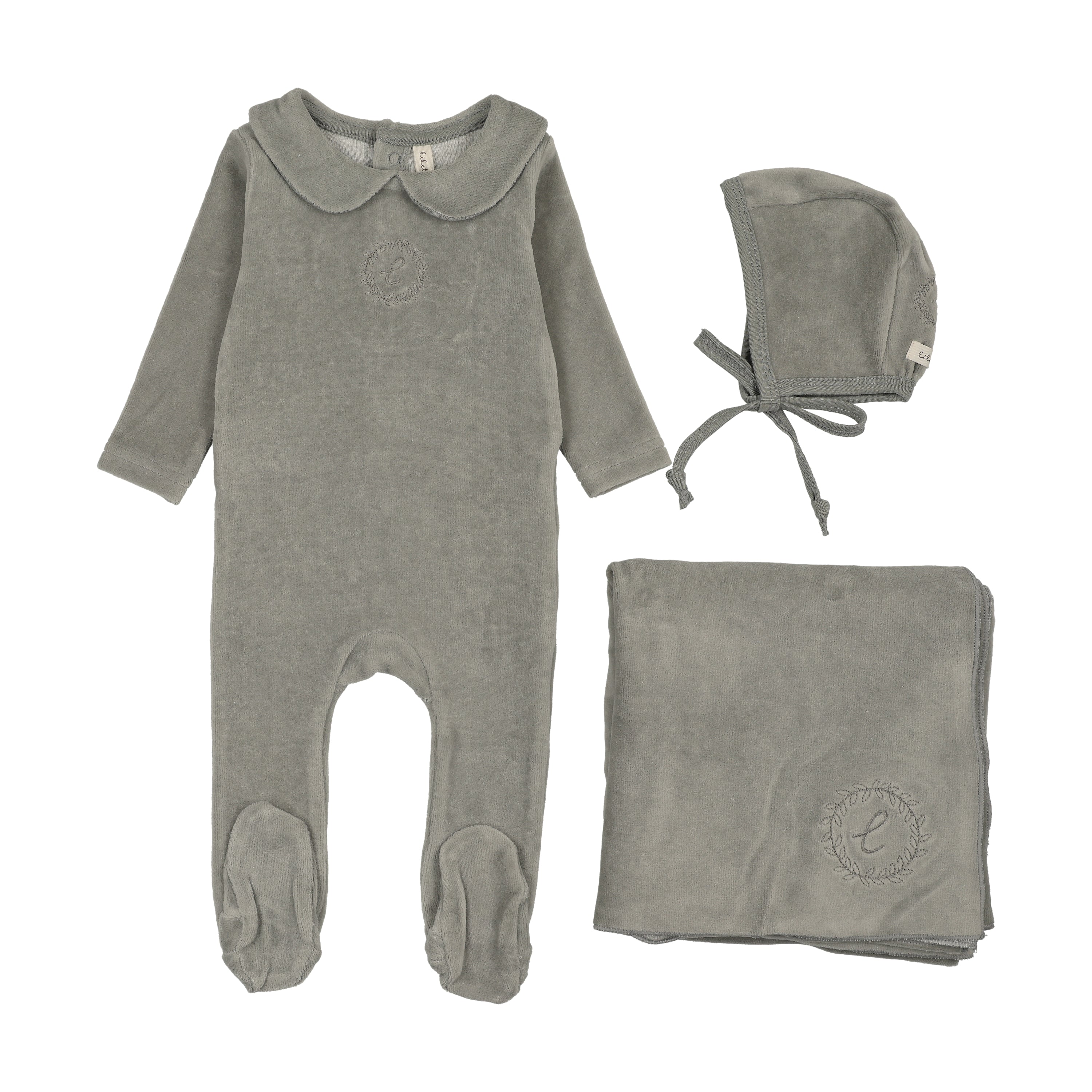 Velour crest emblem layette set-light blue