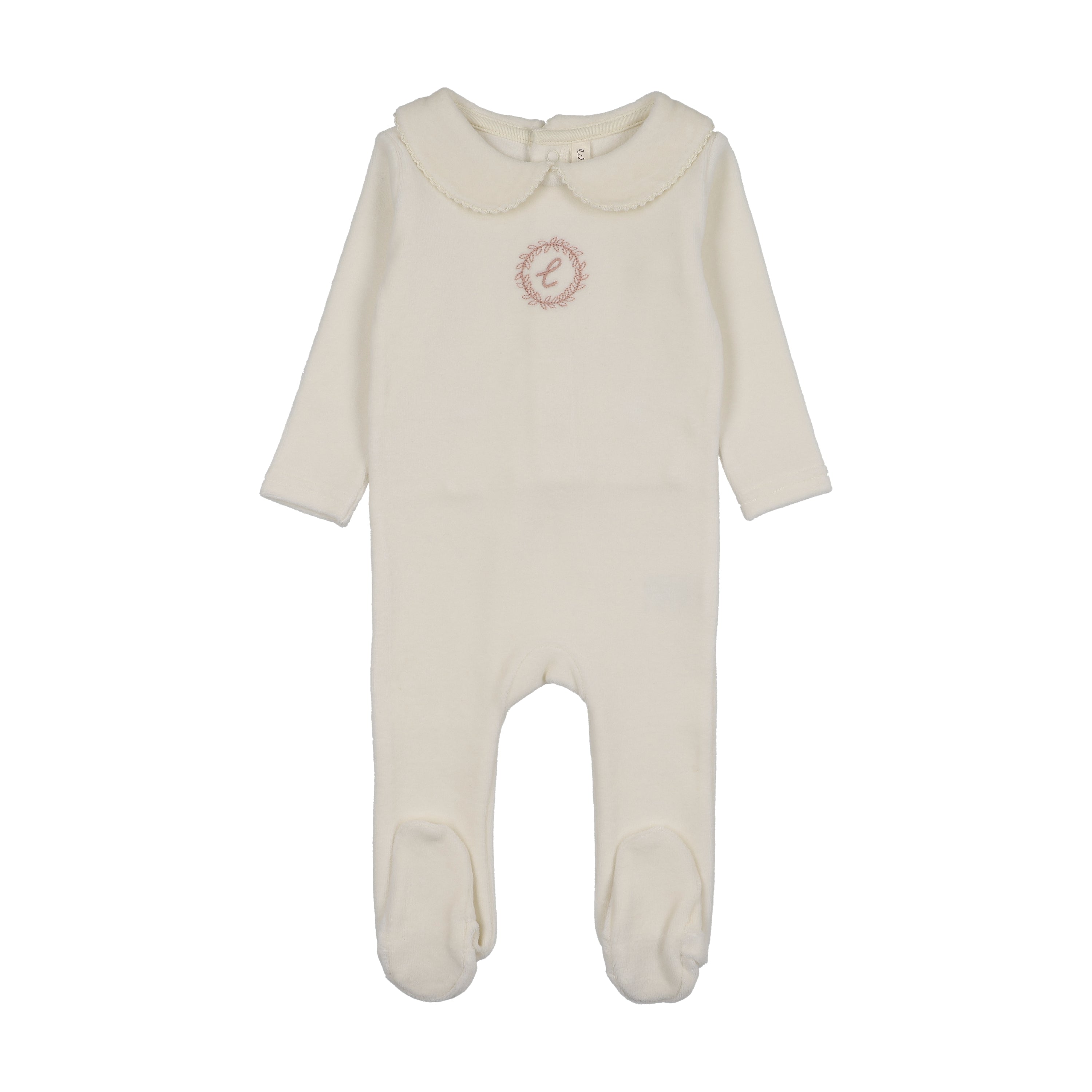 Velour crest emblem footie-cream/pink