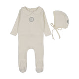 Velour crest emblem footie set-cream/blue