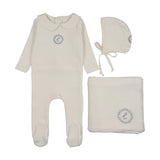 Velour crest emblem layette set-cream/blue