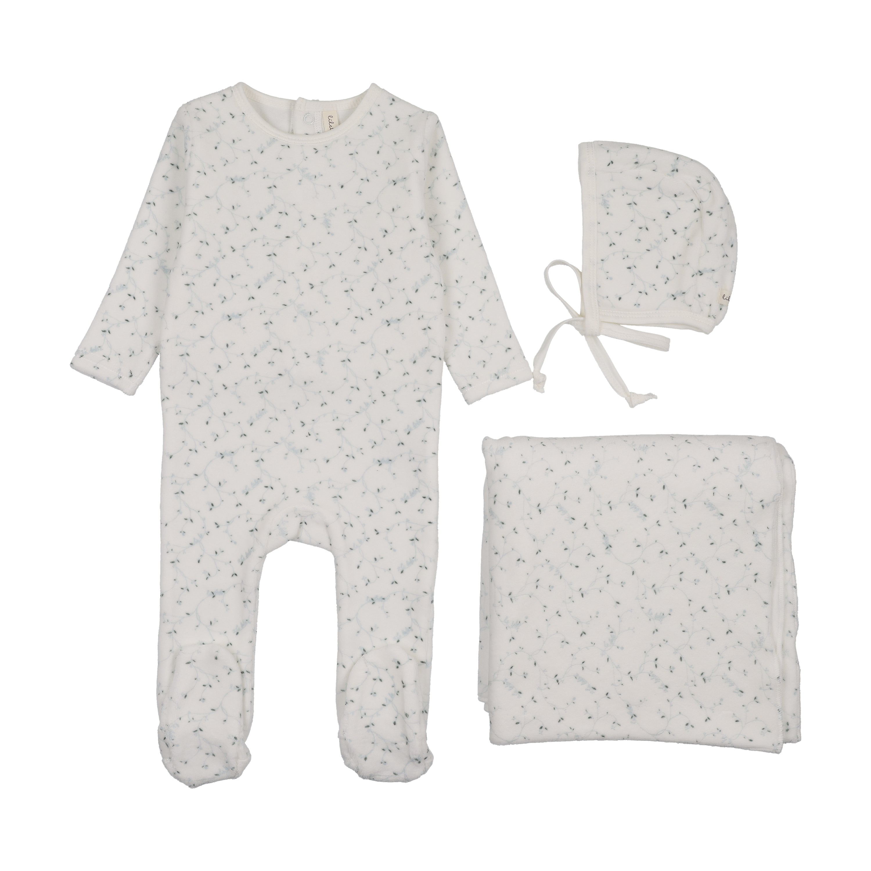 Branch velour layette set-cream/blue