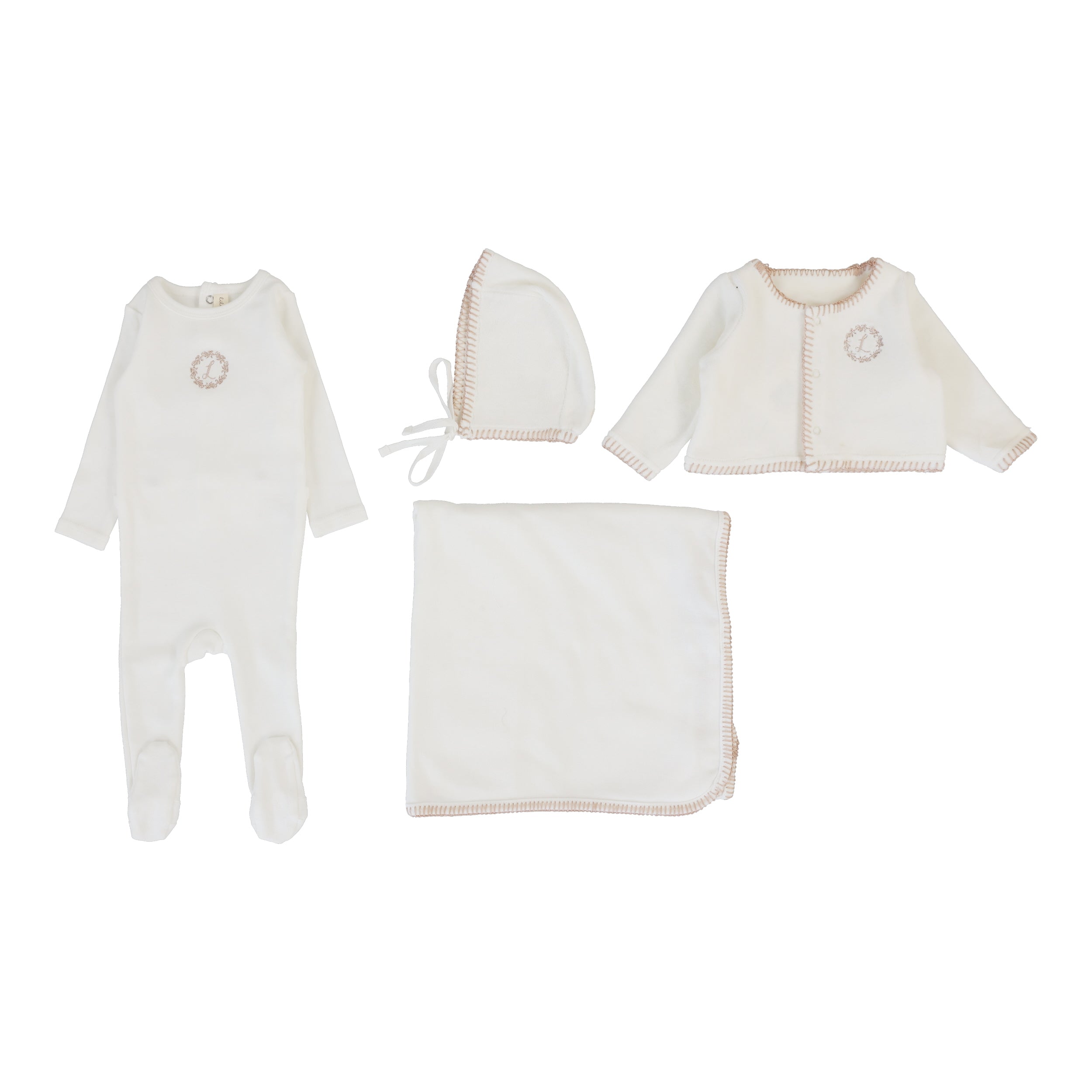 Velour Cardi Layette Set  - Cream-/Pink